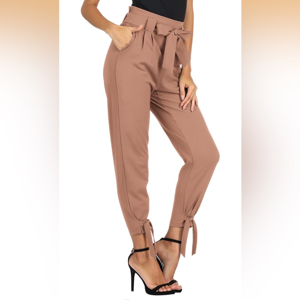 Grace Karin Women's Paper Bag Waist Apricot Taupe Brown Ankle-Tie Pants